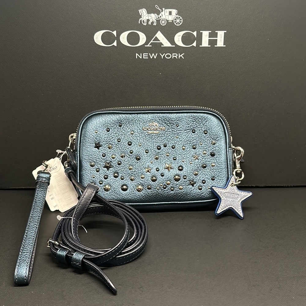 Coach Crossbody Metallic Blue Studded Rivets Star NASA Wristlet Bag Purse Wallet - Picture 1 of 15